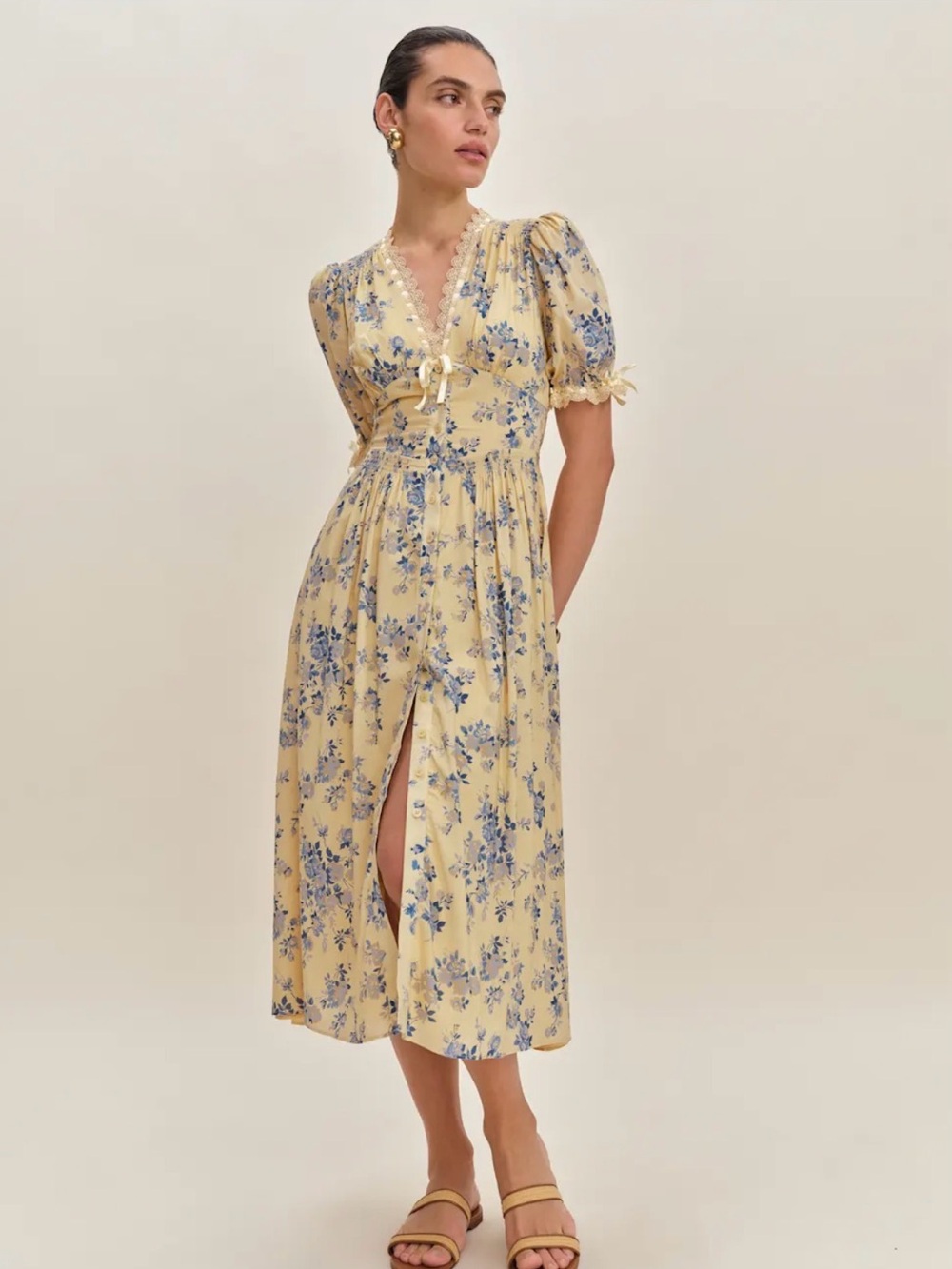 Reformation Ketra Floral Midi Dress Yellow Blue Lace Size 2